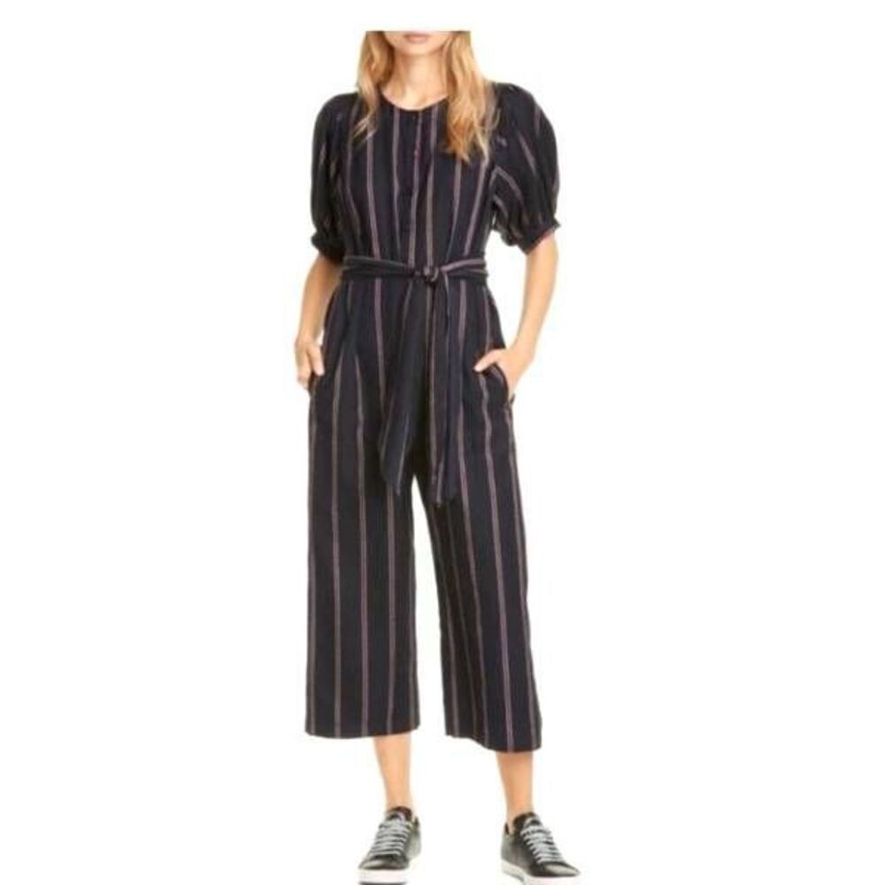 THE GREAT. Blue Striped THE HOMEROOM JUMPSUIT sz 2 (Medium) no belt